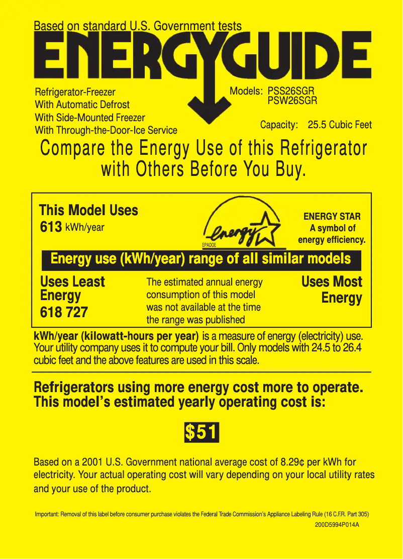 Page 1 de la notice Label énergétique GE Profile PSS26SGRSS