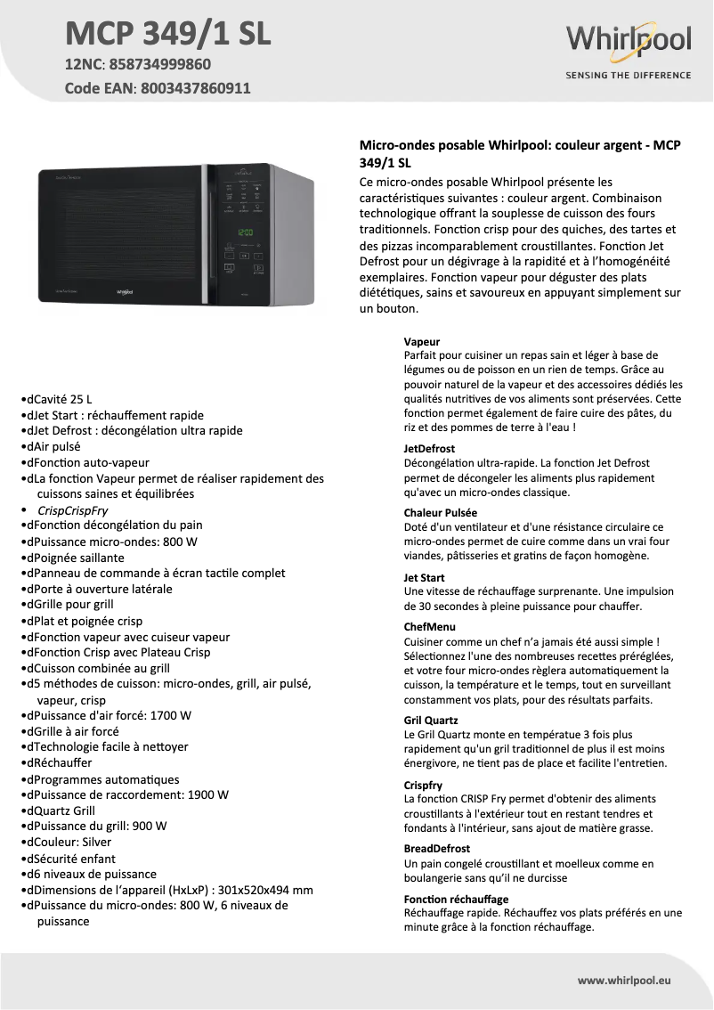 Page 1 de la notice Fiche technique Whirlpool MCP 349/1 SL