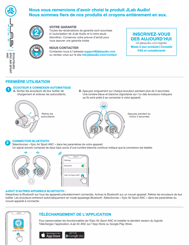 Page 1 de la notice Manuel utilisateur JLab Epic Air Sport ANC