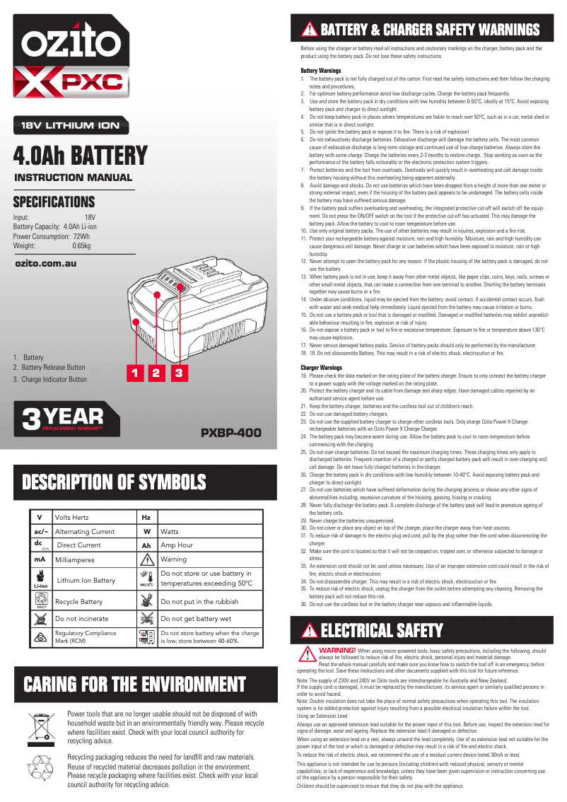 Page 1 of the manual User Manual Ozito PXBC-800C