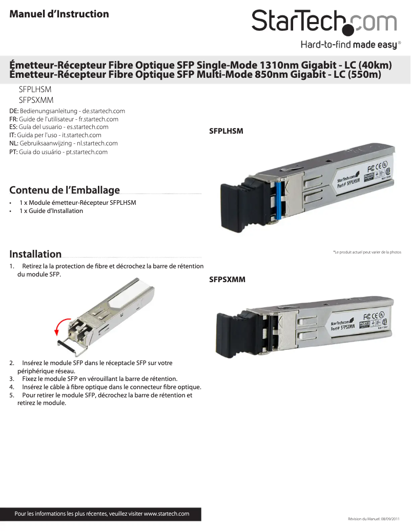 Page 1 de la notice Manuel utilisateur StarTech.com SFPSXMM
