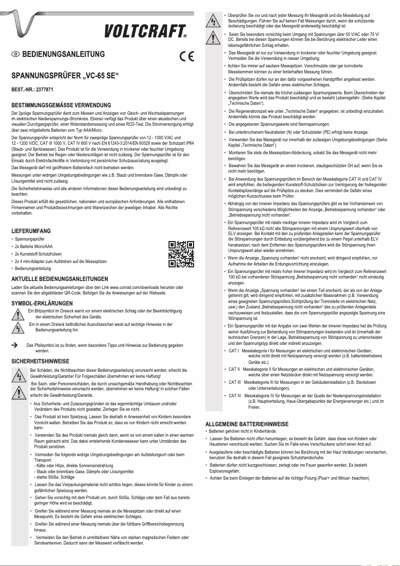 Page 1 de la notice Manuel utilisateur Voltcraft VC-65 SE