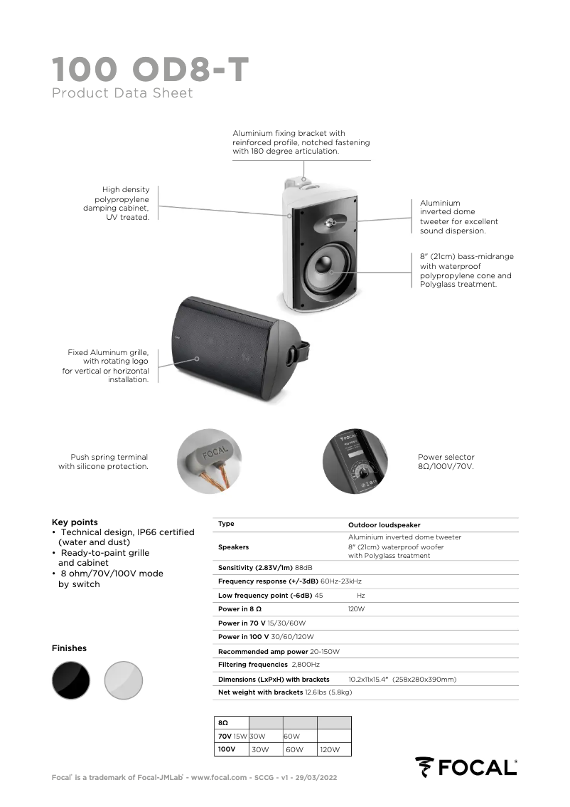 Page 1 de la notice Fiche technique Focal 100 OD8-T