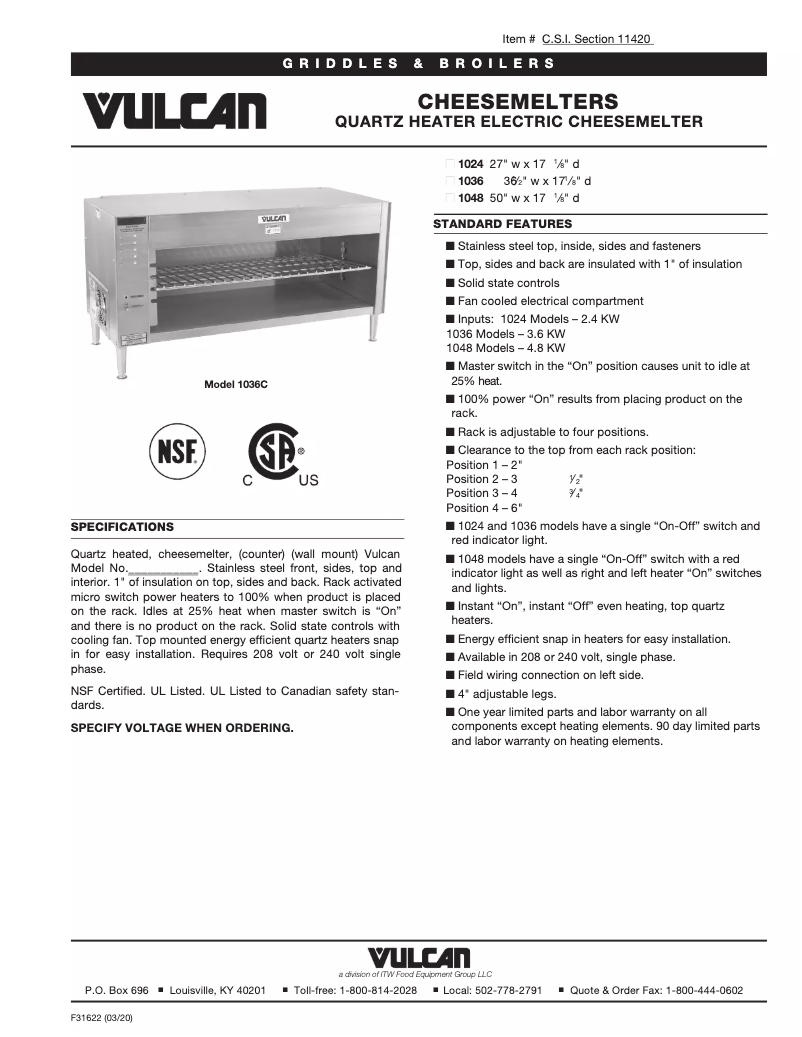 Page 1 de la notice Fiche technique Vulcan 1036W