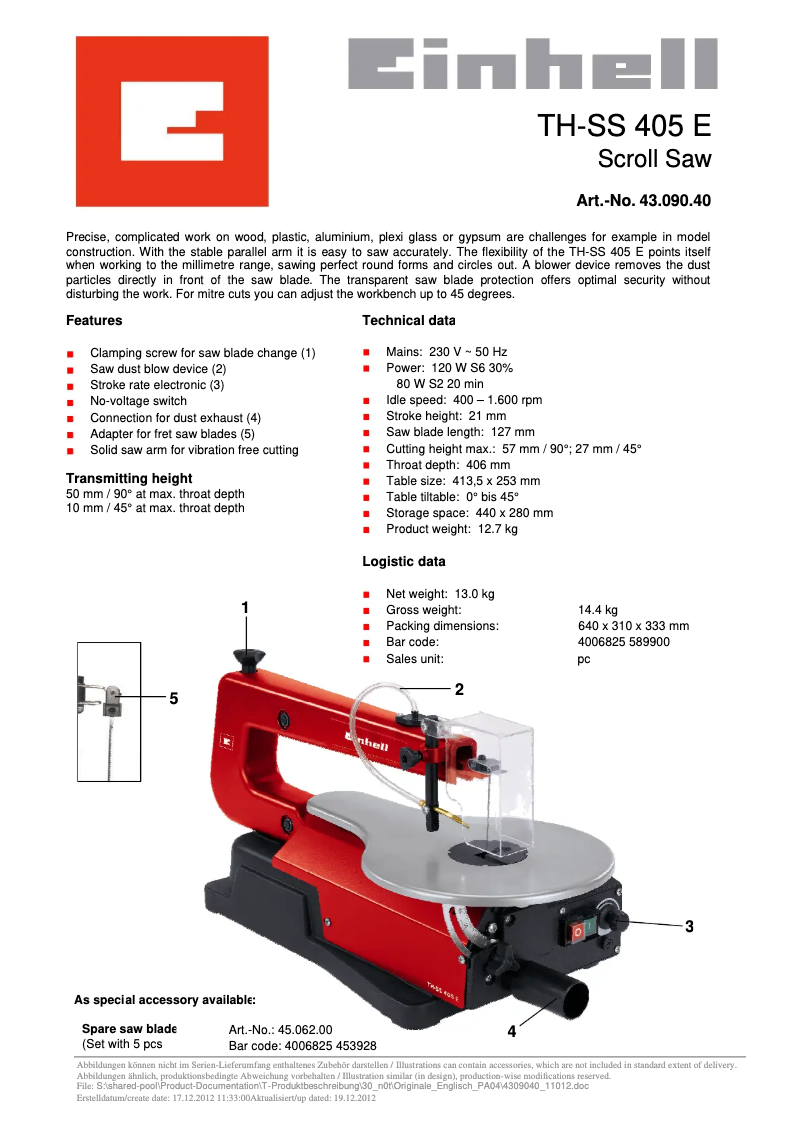 Page 1 de la notice Fiche technique Einhell TH-SS 405 E