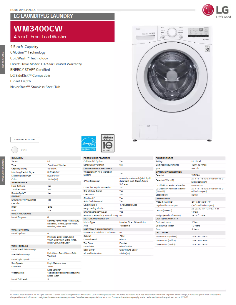 Page 1 de la notice Fiche technique LG WM3400CW