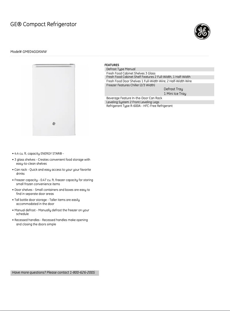 Page 1 of the manual Technical Sheet GE GME04GGKWW