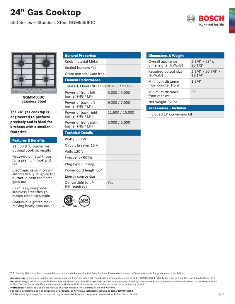 Page 1 de la notice Fiche technique Bosch NGM5456UC
