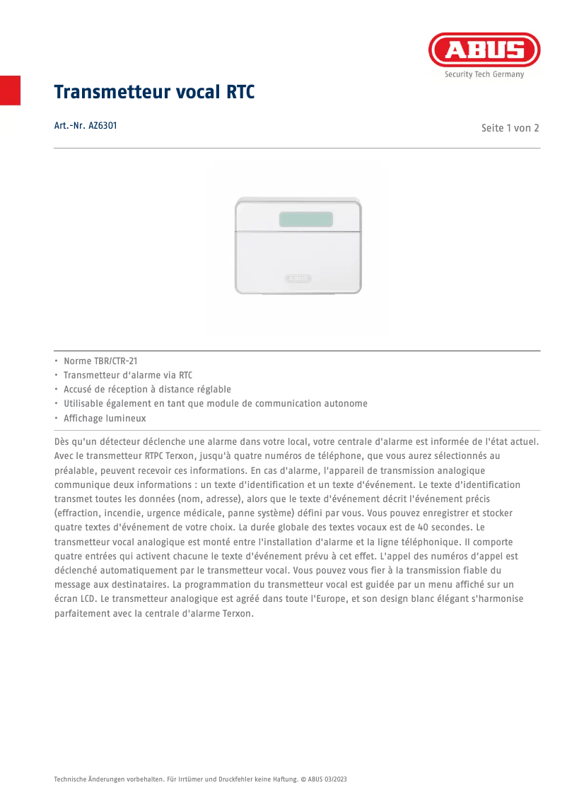 Page 1 de la notice Fiche technique Abus AZ6301