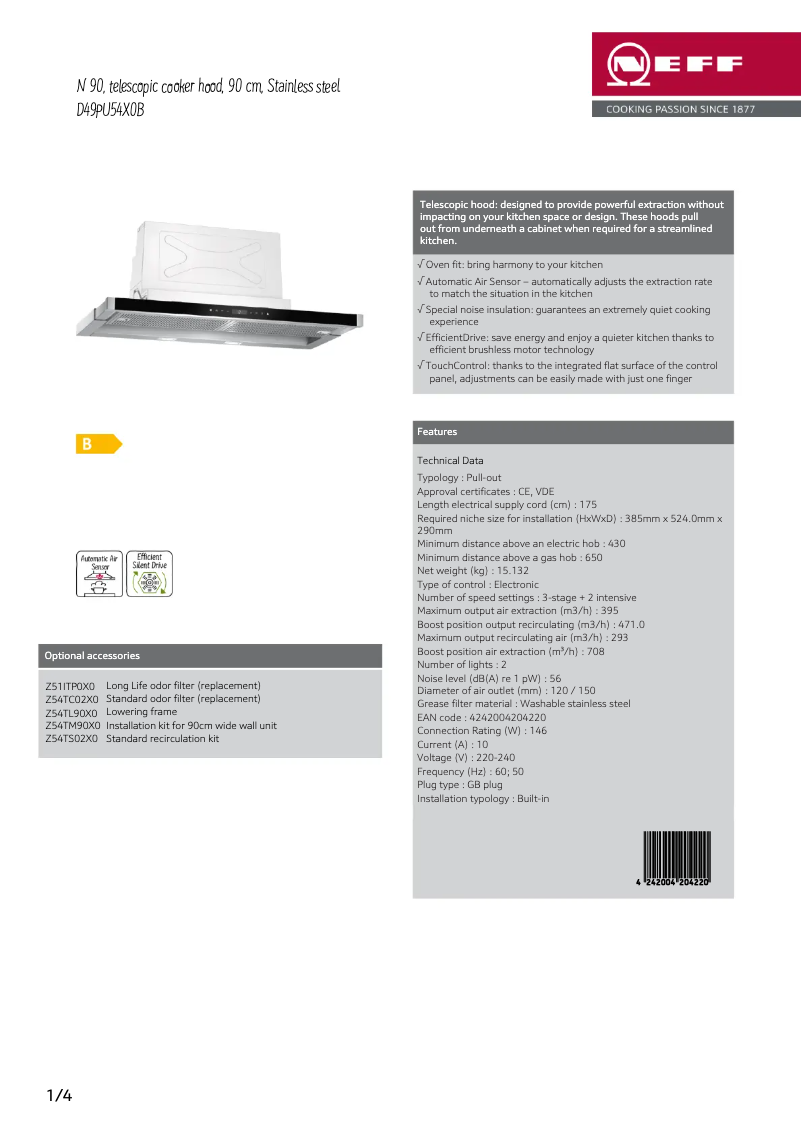 Page 1 of the manual Technical Sheet Neff D49PU54X0B