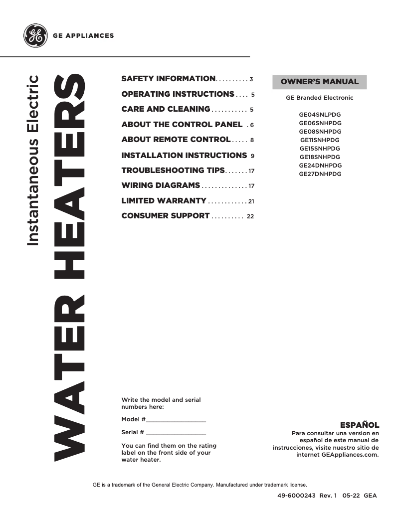 Page n°1 - Manuel d'utilisation et d'entretien GE GE06SNHPDG