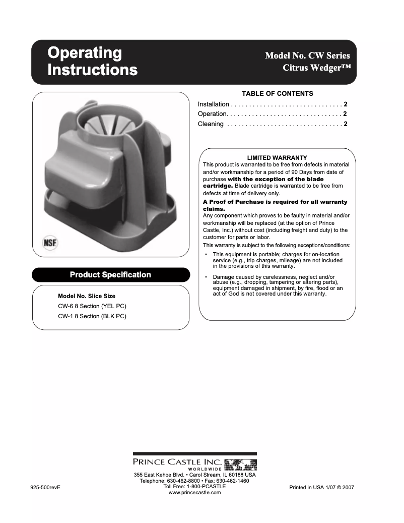 Page 1 de la notice Manuel utilisateur Prince Castle CW-1