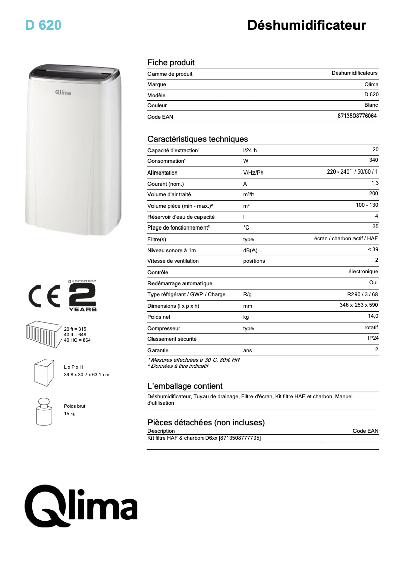 Page 1 of the manual Technical Sheet Qlima D620