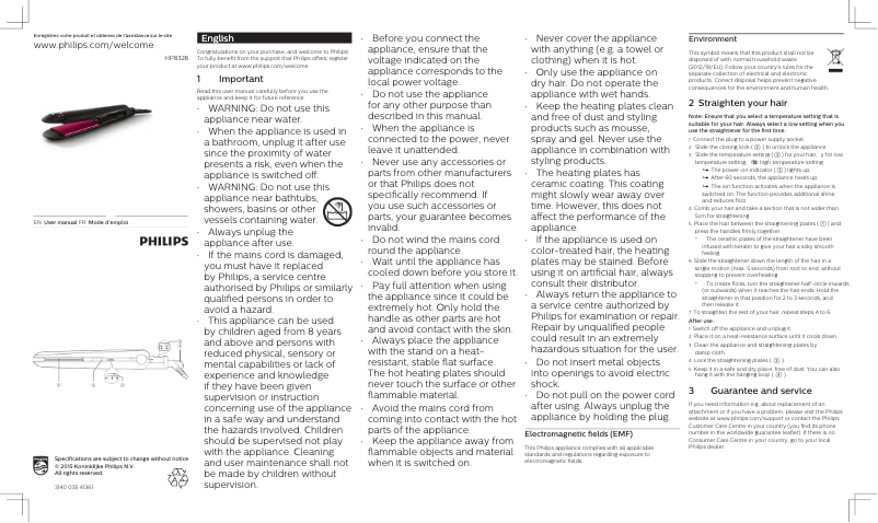 Page 1 de la notice Manuel utilisateur Philips StraightCare HP8328