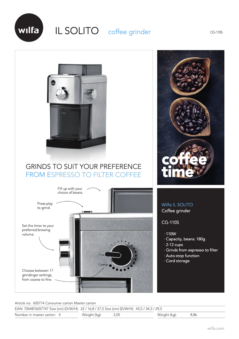 Page 1 de la notice Fiche technique Wilfa Il Solito CG-110S