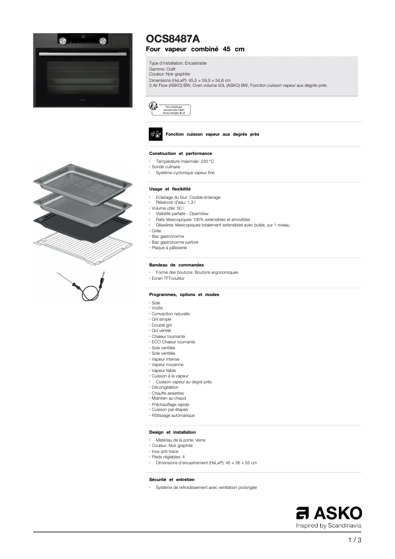 Page 1 de la notice Fiche technique Asko OCS8487A