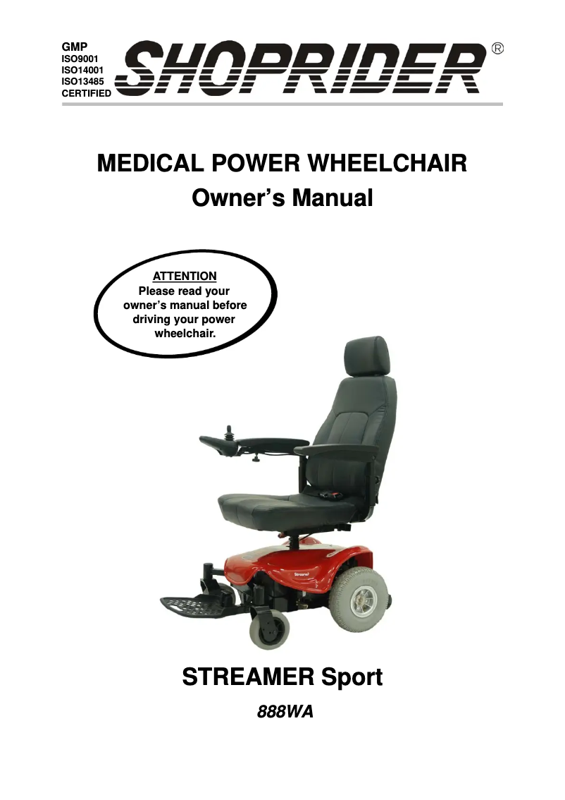 Page 1 of the manual User Manual Shoprider Streamer Sport 888WA