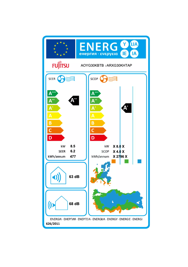 Página 1 del manual Etiqueta energética Fujitsu ARXG30KHTAP