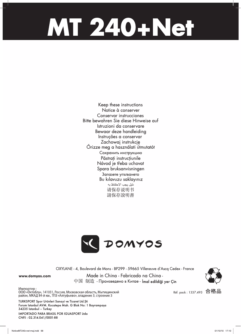 Page 1 de la notice Manuel utilisateur Domyos MT 240