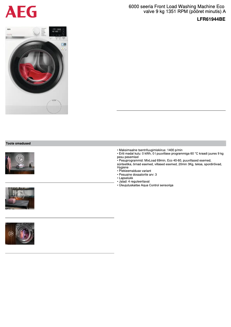 Page 1 de la notice Fiche technique AEG LFR61944BE