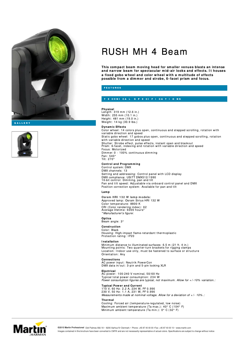 Page 1 de la notice Fiche technique Martin RUSH MH 4 Beam