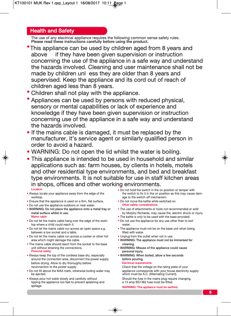 Page 1 de la notice Mode d'emploi Morphy Richards 100105