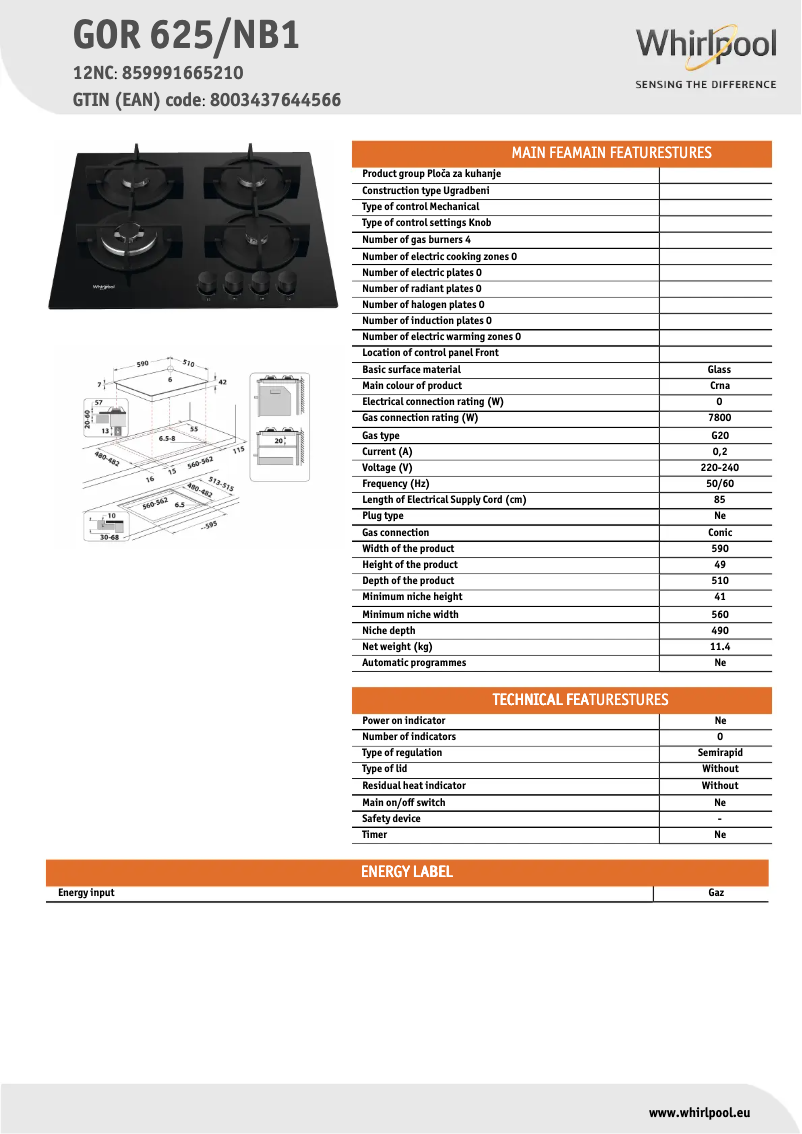 Page 1 de la notice Fiche technique Whirlpool GOR 625/NB1
