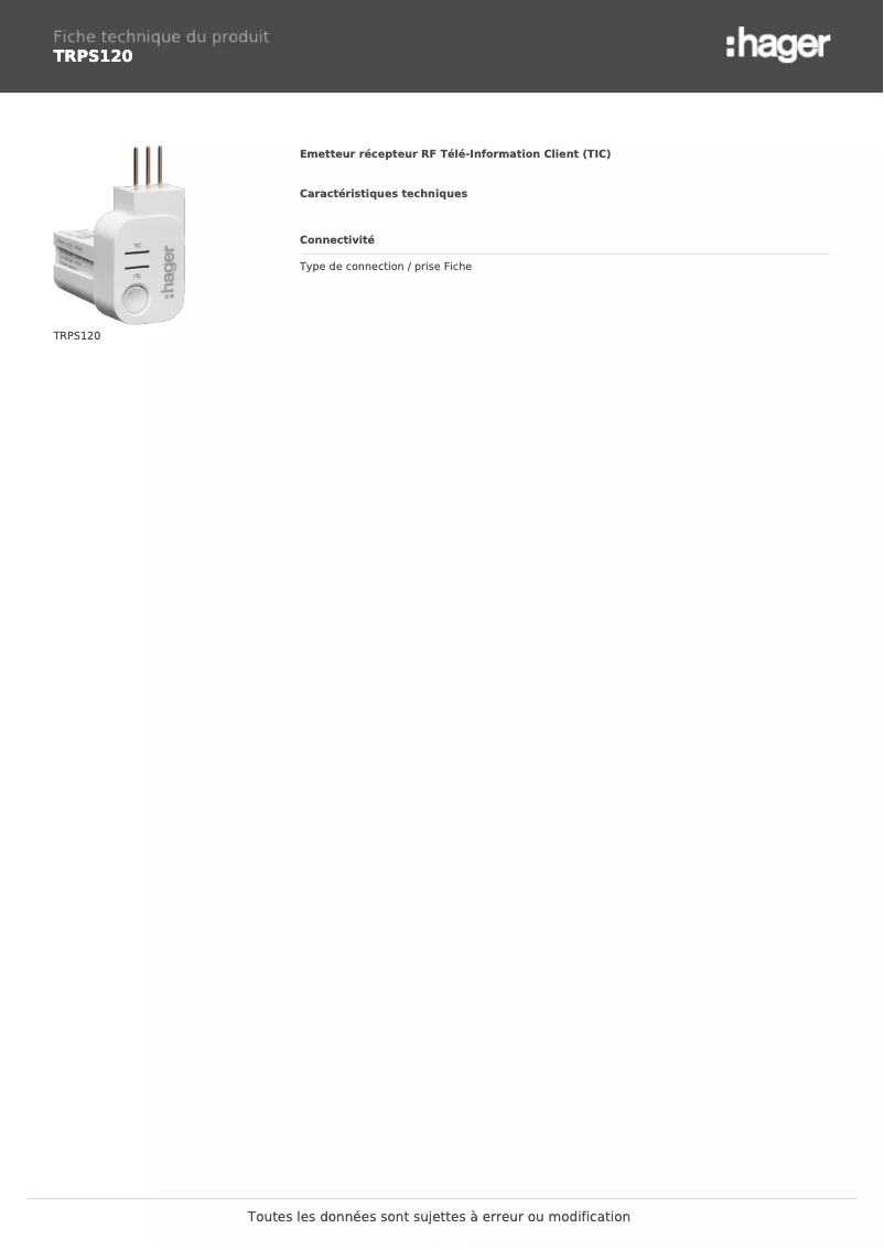 Page 1 of the manual Technical Sheet Hager TRPS120