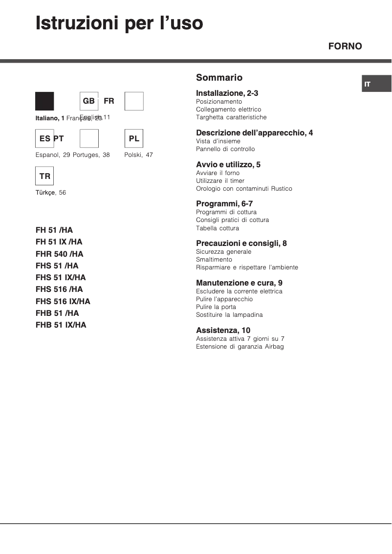 Page 1 de la notice Manuel utilisateur Hotpoint Ariston FHB 51 IX/HA