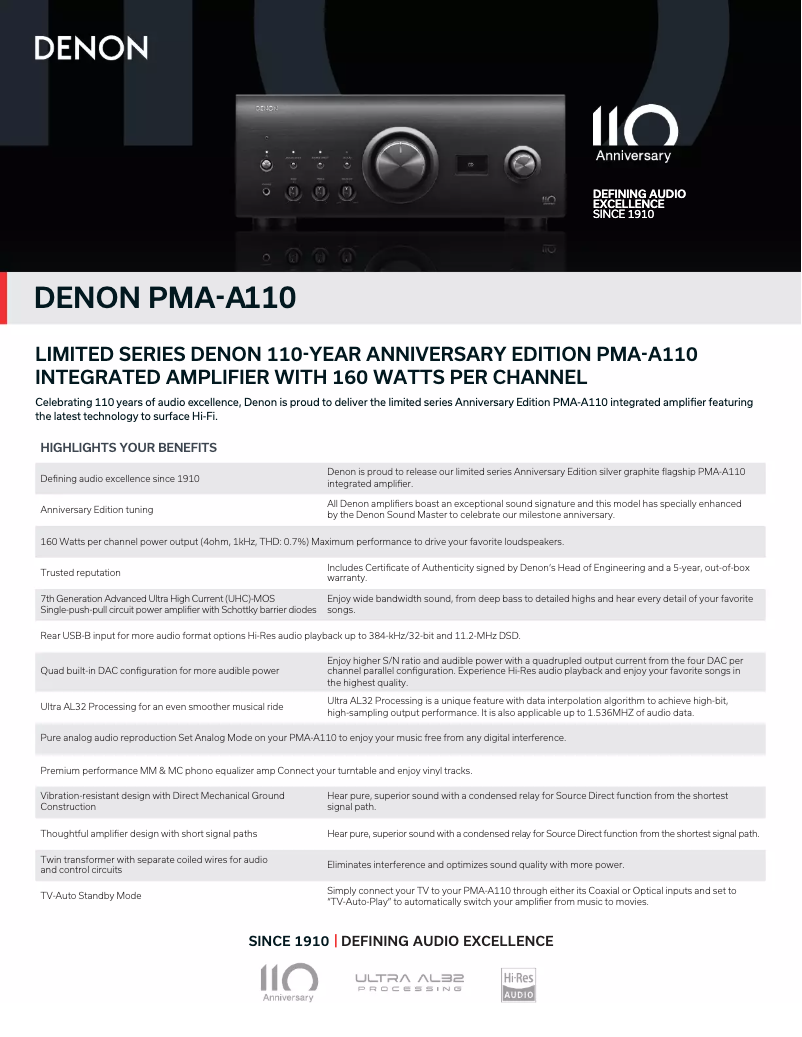 Page 1 de la notice Fiche technique Denon PMA-A110