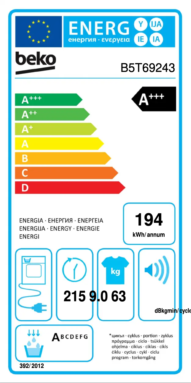 Page 1 de la notice Label énergétique Beko B5T69243