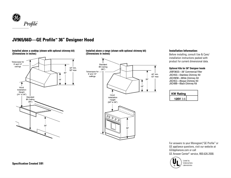 Page n°1 - Fiche technique GE Profile JV965DCC