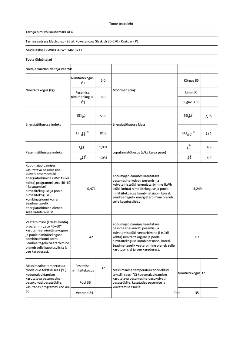 Page 1 de la notice Fiche technique AEG L7WBGO48W