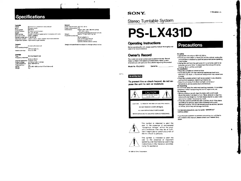 Page 1 de la notice Manuel utilisateur Sony PS-LX431D