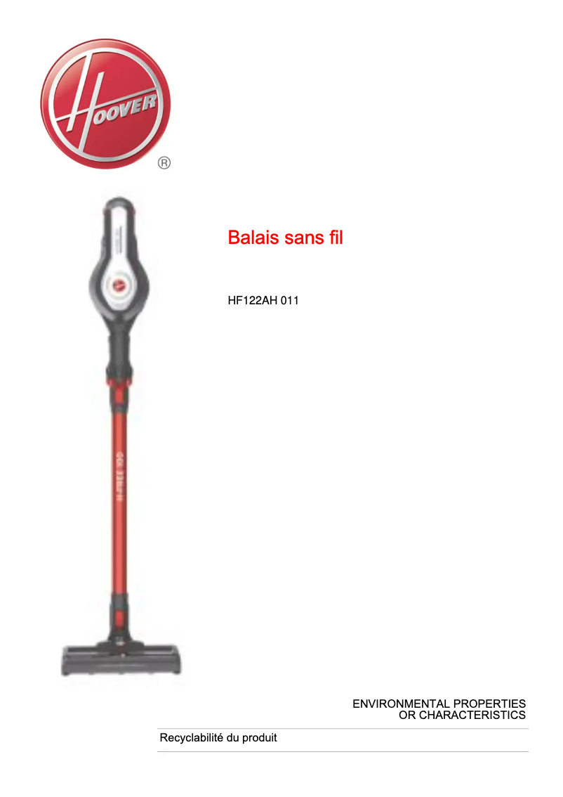 Página 1 del manual Ficha técnica Hoover HF122AH 011