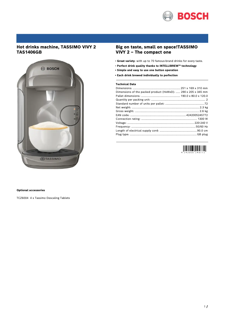 Page 1 de la notice Fiche technique Bosch Tassimo Vivy 2 TAS1406