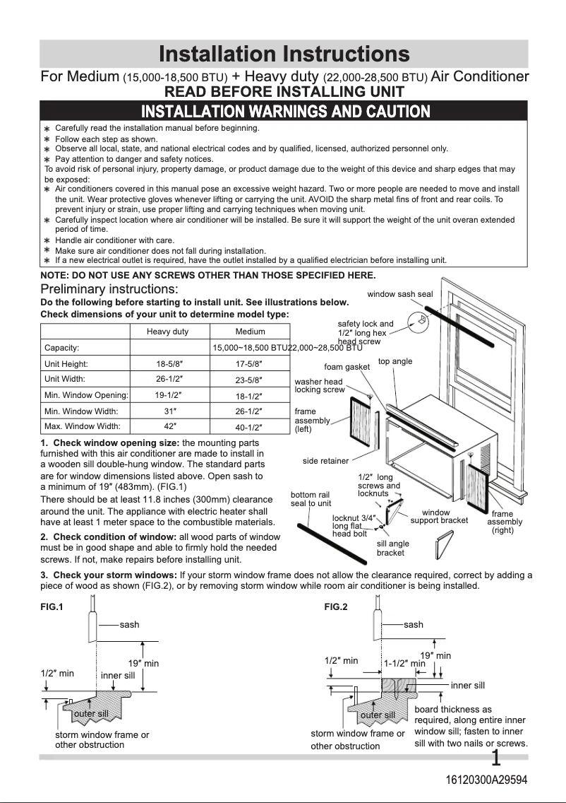Page 1 de la notice Guide d'installation Frigidaire FHWE232WB2