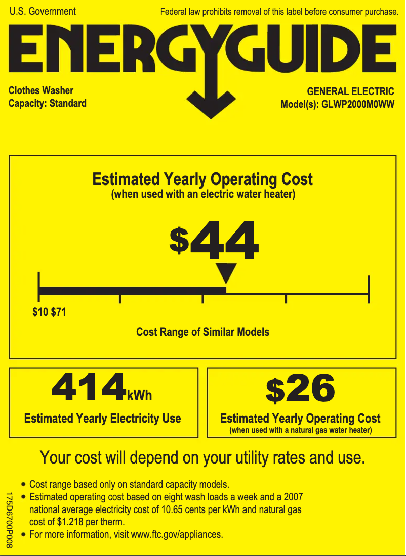Page 1 of the manual Energy Label GE GLWP2000MWW