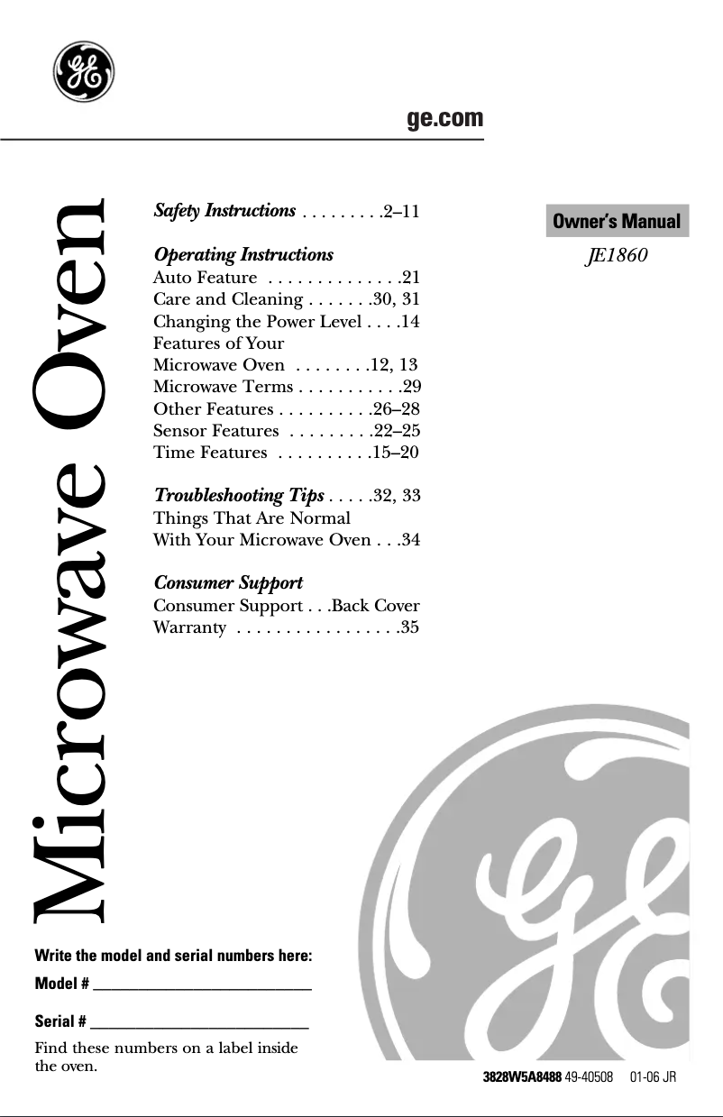 Page 1 de la notice Manuel d'utilisation et d'entretien GE JE1860CH