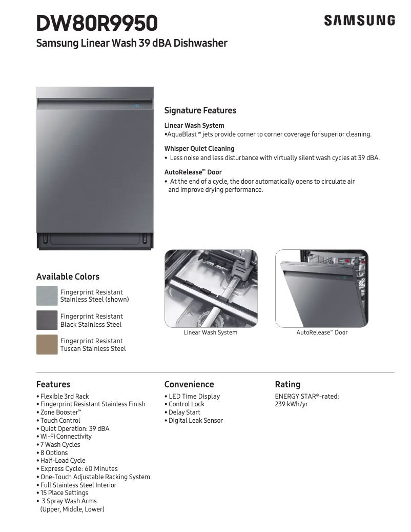 Página 1 del manual Ficha técnica Samsung DW80R9950UT