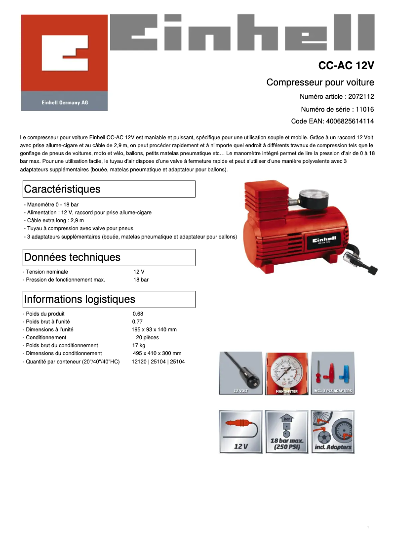 Page 1 de la notice Fiche technique Einhell CC-AC 12V
