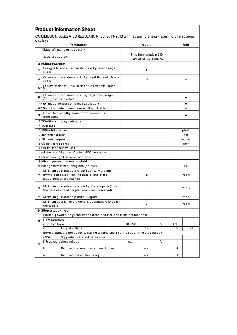 Page 1 de la notice Fiche technique Philips 19HFL5214W
