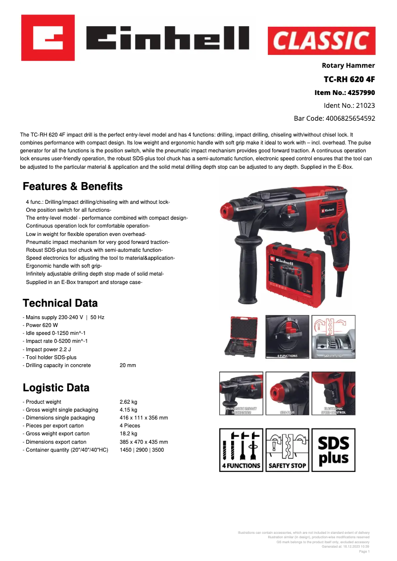 Page 1 de la notice Fiche technique Einhell TC-RH 620 4F
