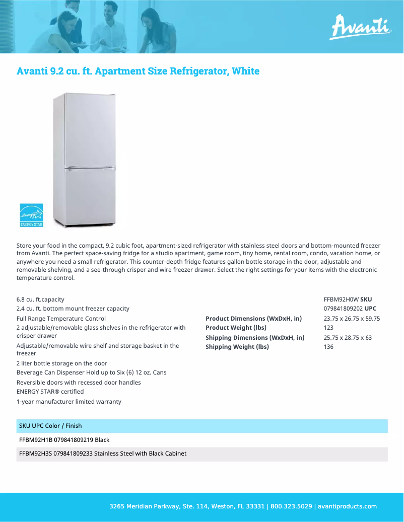 Page 1 de la notice Fiche technique Avanti FFBM92H1B
