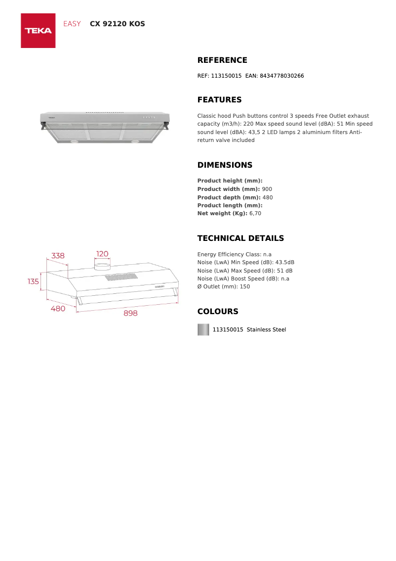 Page 1 de la notice Fiche technique Teka CX 92120 KOS