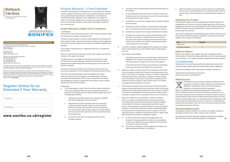 Page 1 de la notice Manuel utilisateur Sonifex CM-BHA
