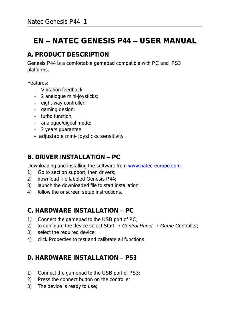 Page 1 de la notice Manuel utilisateur Natec Genesis P44