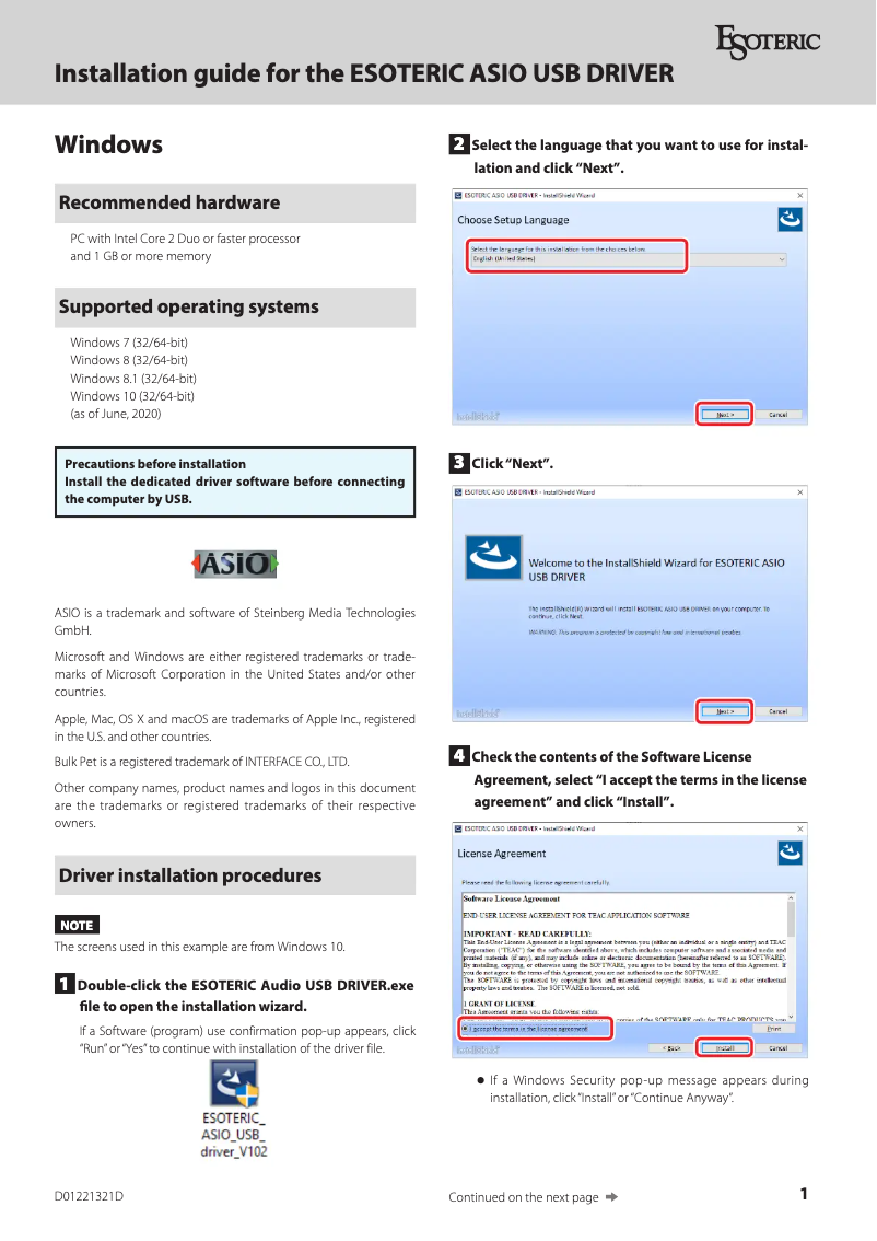 Page 1 de la notice Guide d'installation Esoteric D-02X