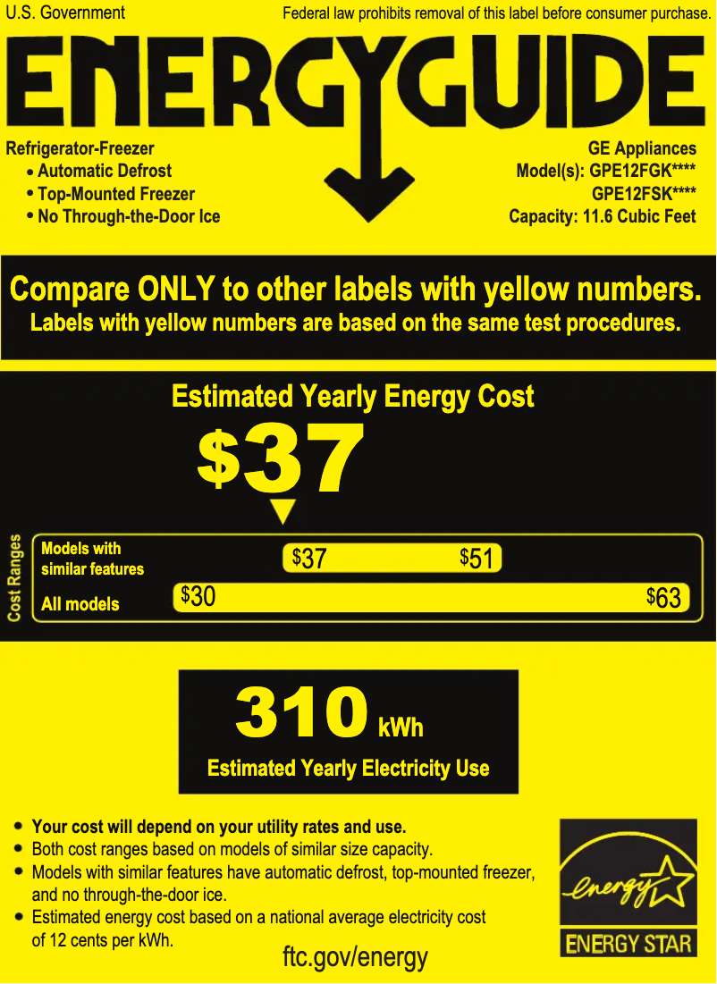 Page 1 de la notice Label énergétique GE GPE12FGKBB