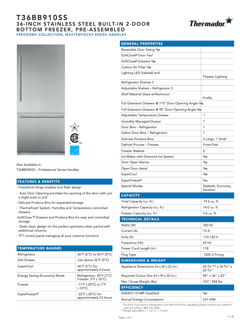 Page 1 of the manual Technical Sheet Thermador T36BB910SS